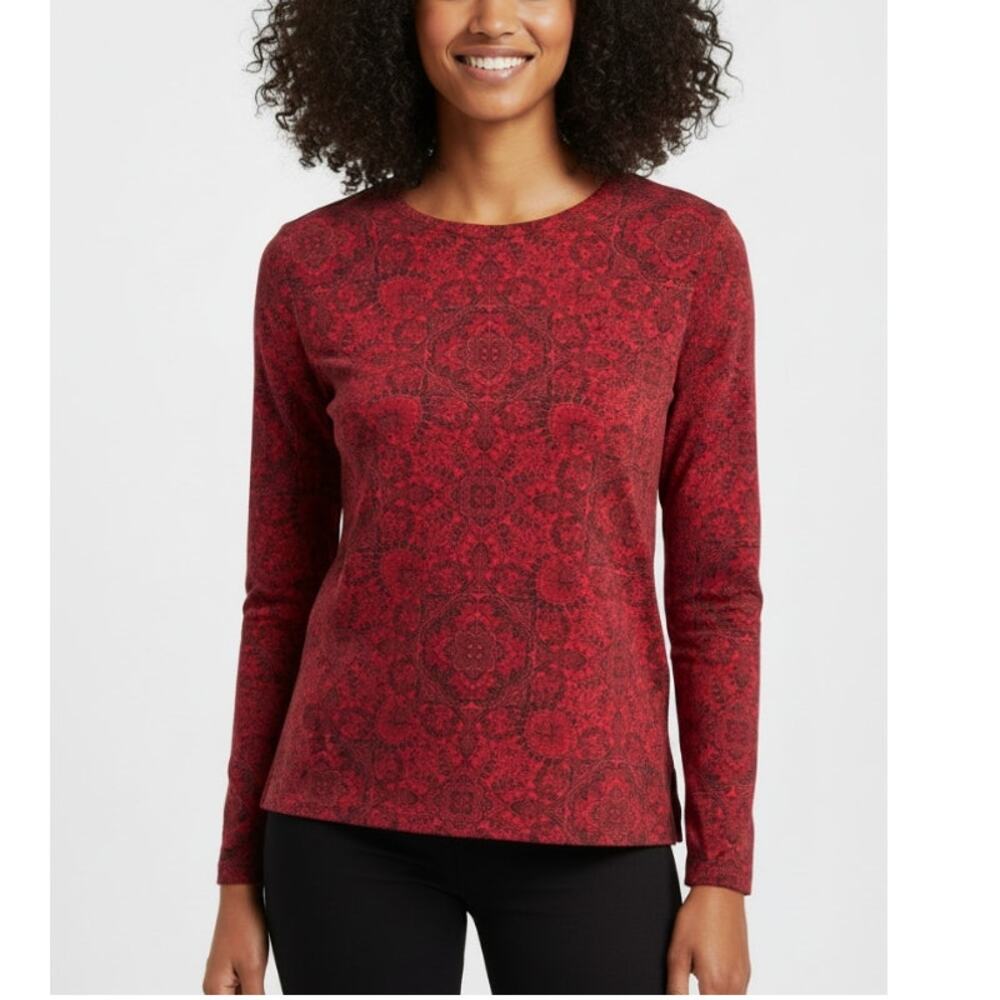J. JILL TOP LONG-SLEEVE PIMA CREW-NECK TEE FLORAL PRINT RED WOMENS XLARGE TALL